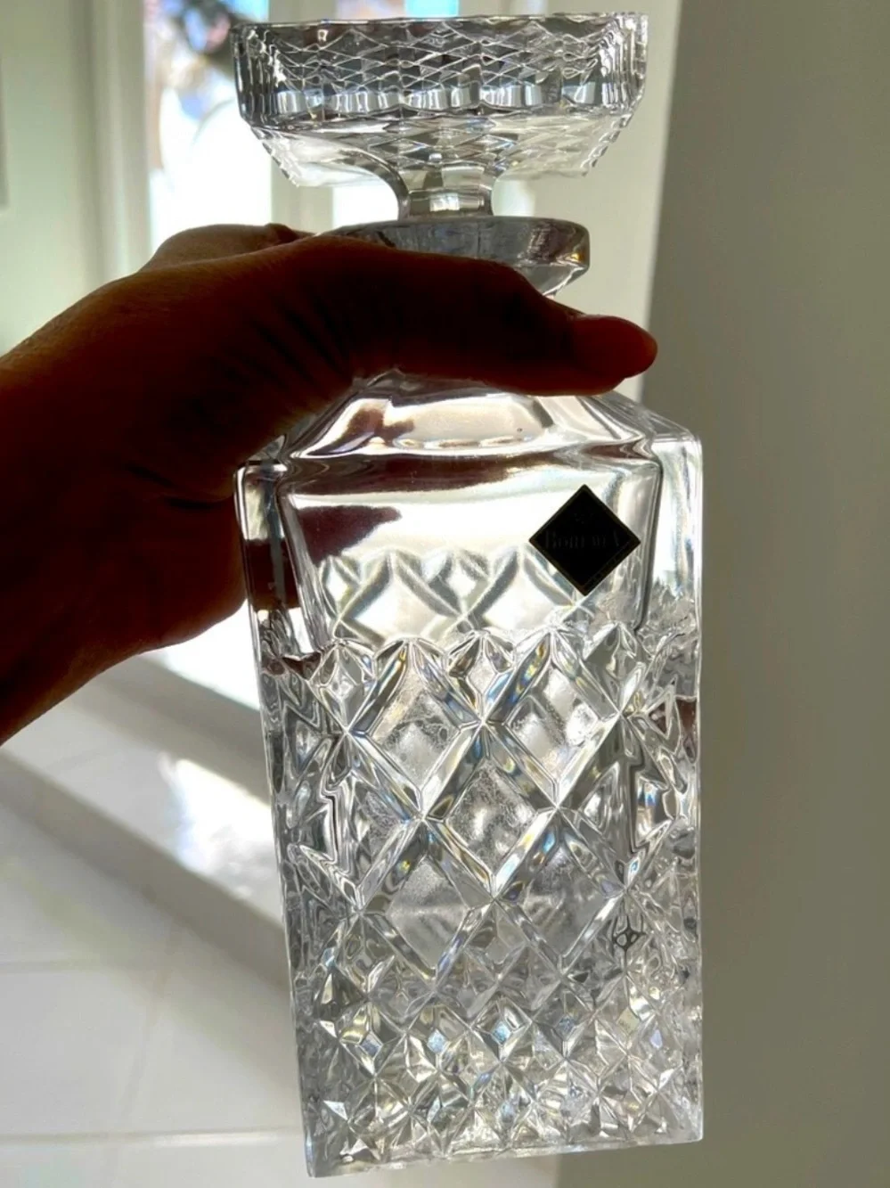 Set of 2 Bohemian Lead Crystal Square Decanter with Stopper & Lismore Snifter
